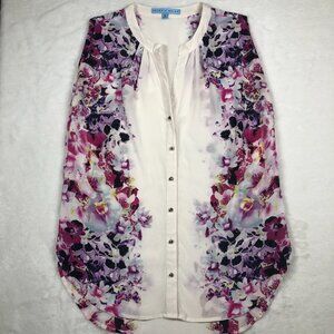 Antonio Melani Silk Floral Button Up Top, White, Pink, Multi